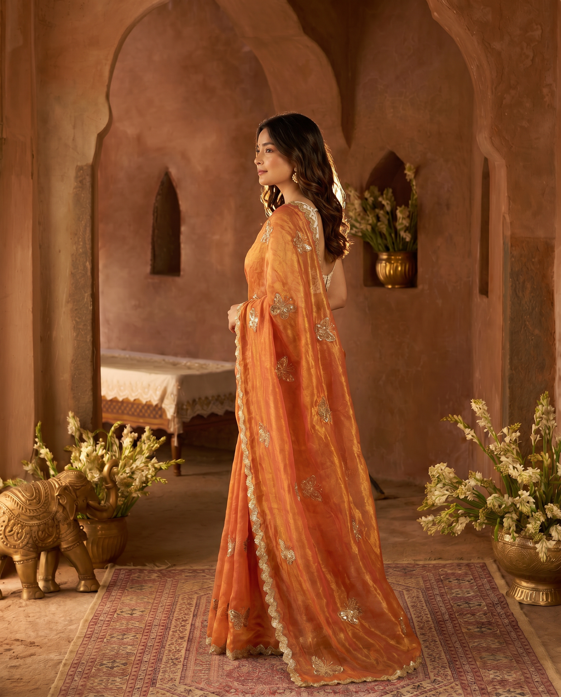 Elegant Sky Blue Designer Saree with Butterfly Embroidery & Golden Lace Border – Party & Festive Wear - output 1 - 03 side
