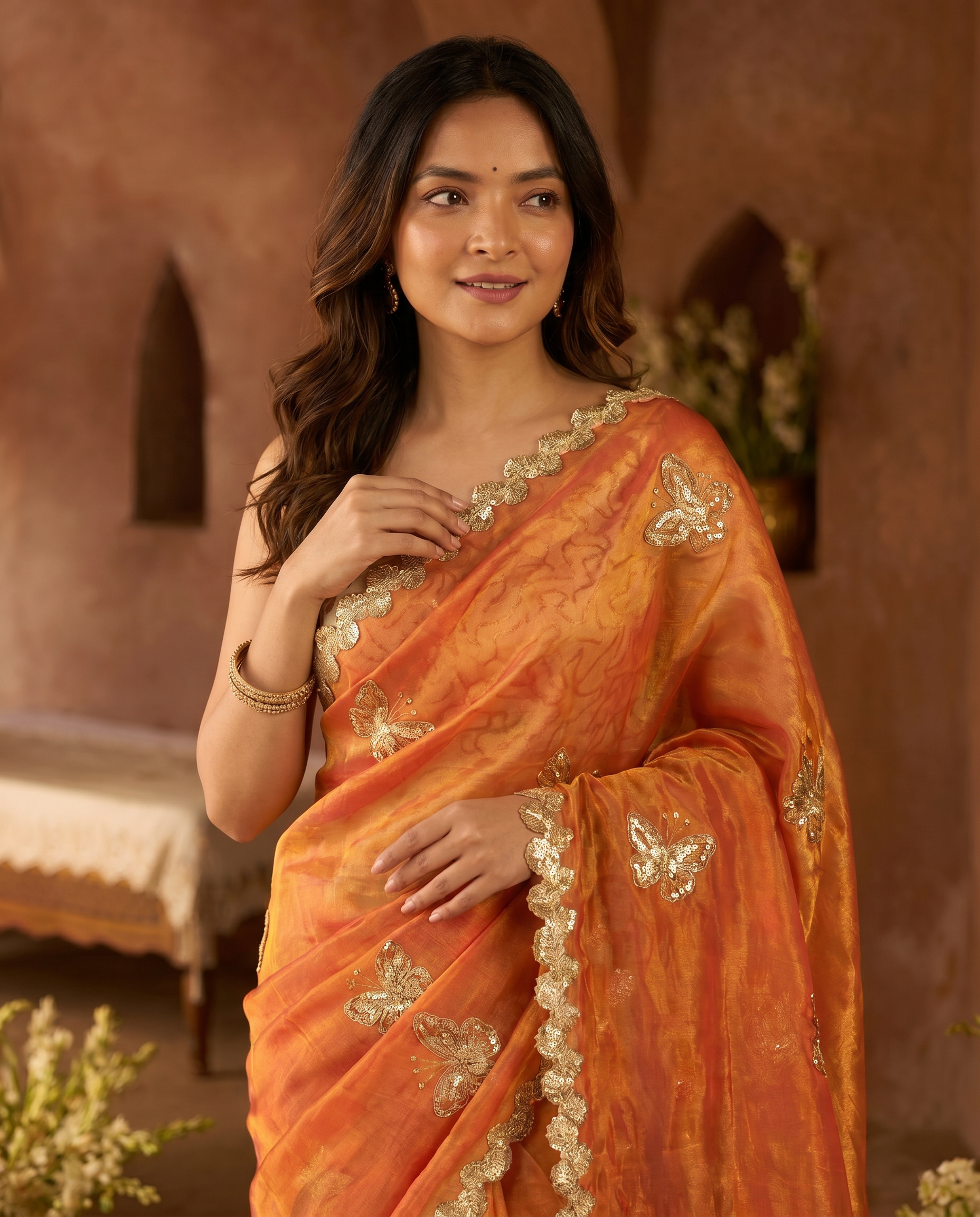 Elegant Sky Blue Designer Saree with Butterfly Embroidery & Golden Lace Border – Party & Festive Wear - output 1 - 04 upper closeup