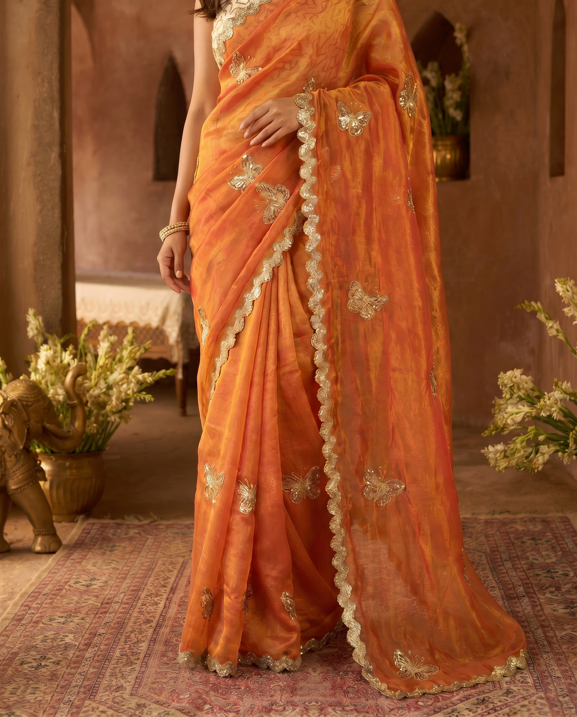 Elegant Sky Blue Designer Saree with Butterfly Embroidery & Golden Lace Border – Party & Festive Wear - output 1 - 05 lower closeup