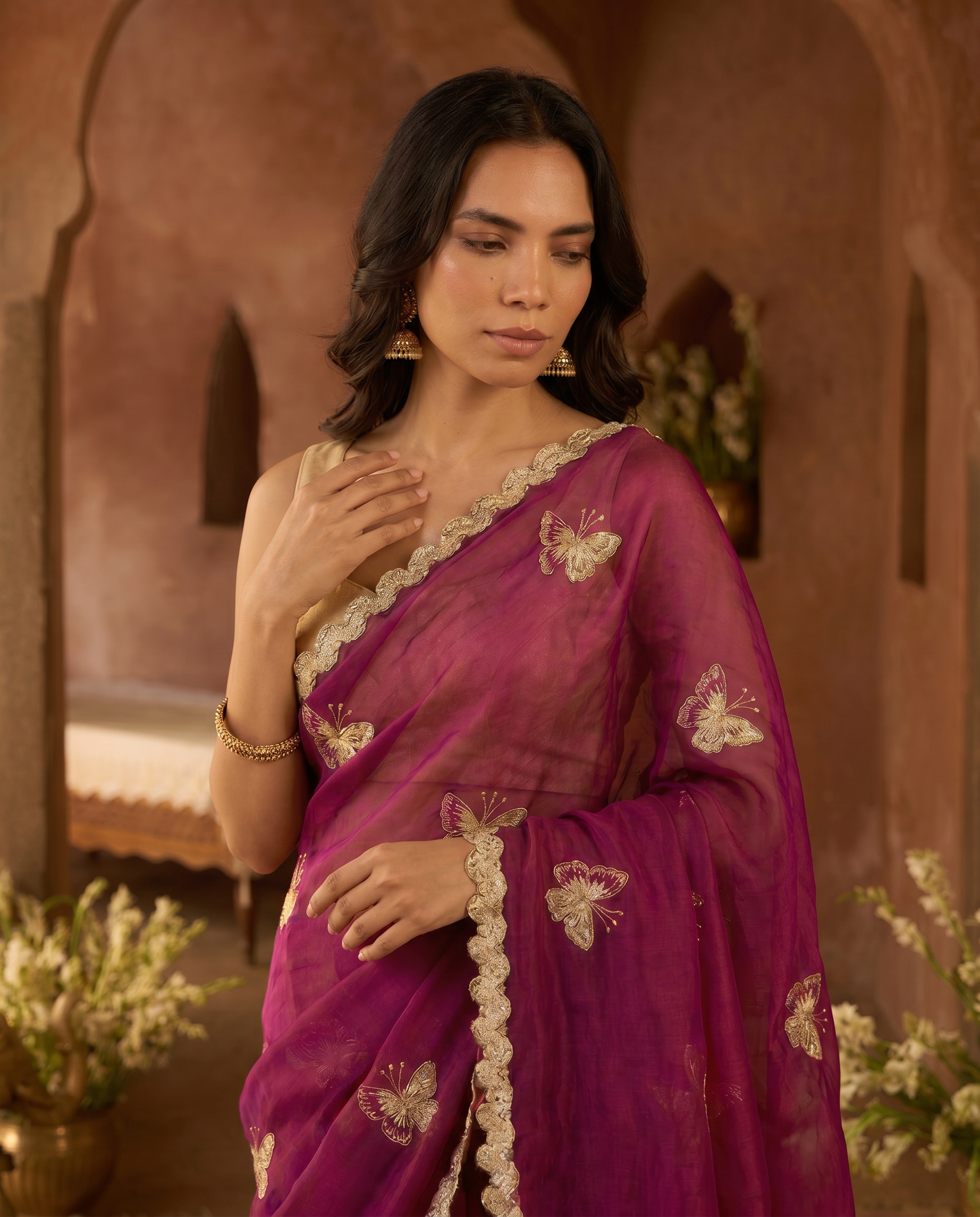 Elegant Sky Blue Designer Saree with Butterfly Embroidery & Golden Lace Border – Party & Festive Wear - output 3 - 04 upper closeup