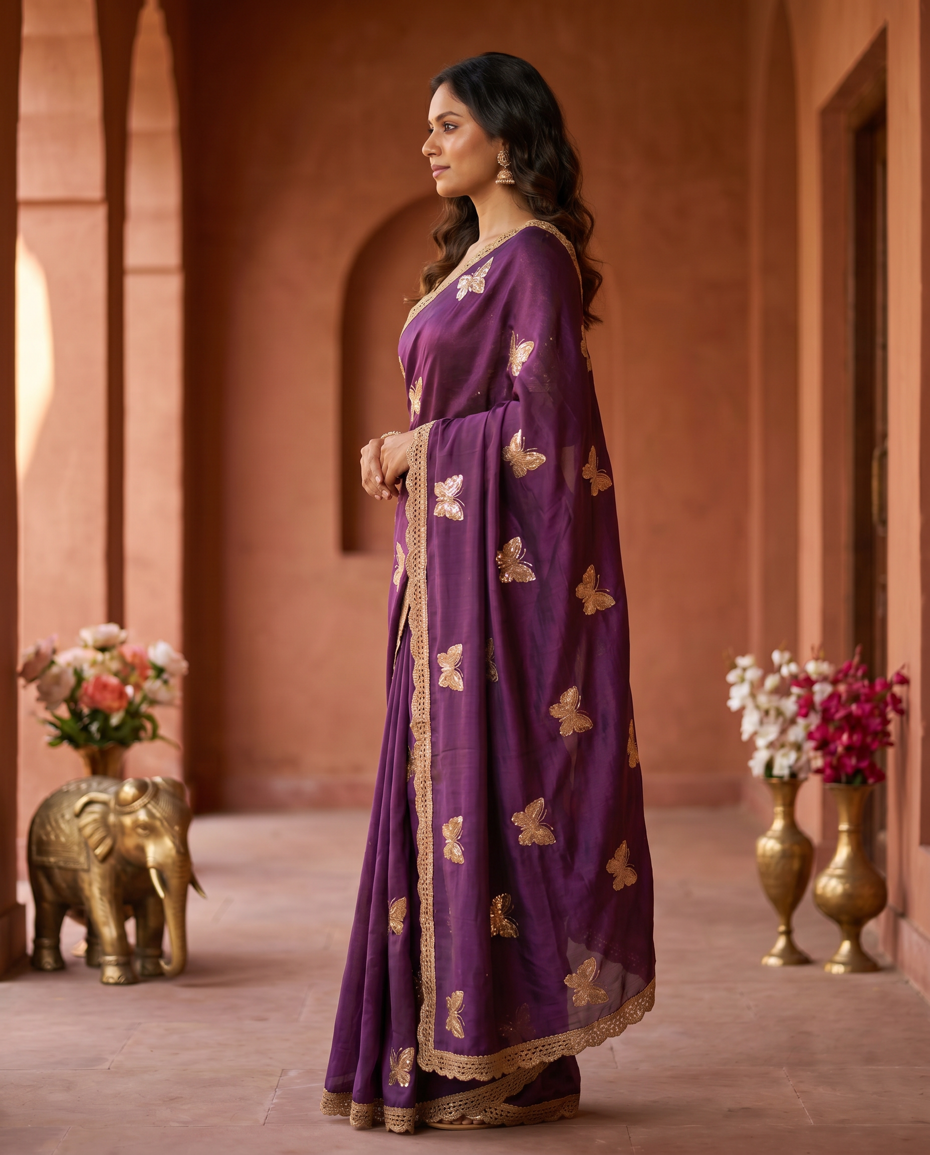 Elegant Sky Blue Designer Saree with Butterfly Embroidery & Golden Lace Border – Party & Festive Wear - output 4 - 03 side