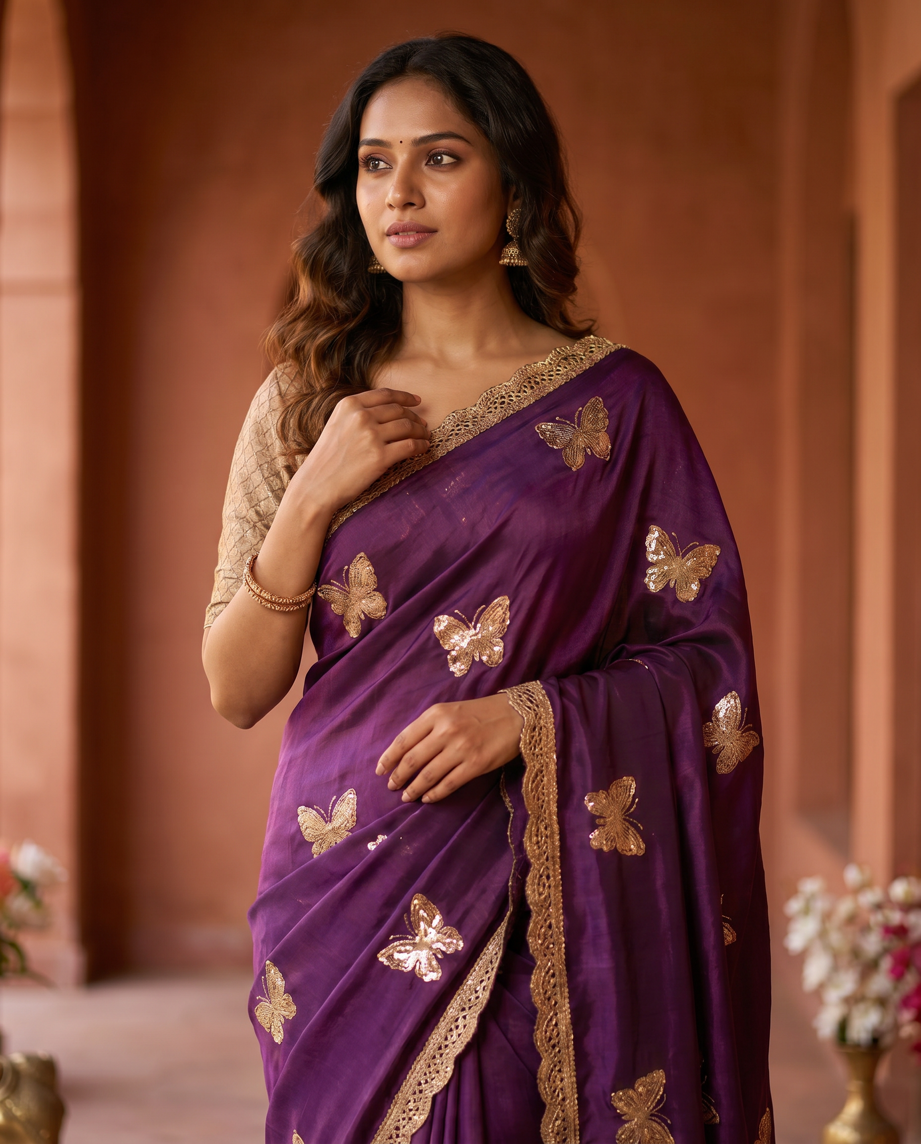 Elegant Sky Blue Designer Saree with Butterfly Embroidery & Golden Lace Border – Party & Festive Wear - output 4 - 04 upper closeup