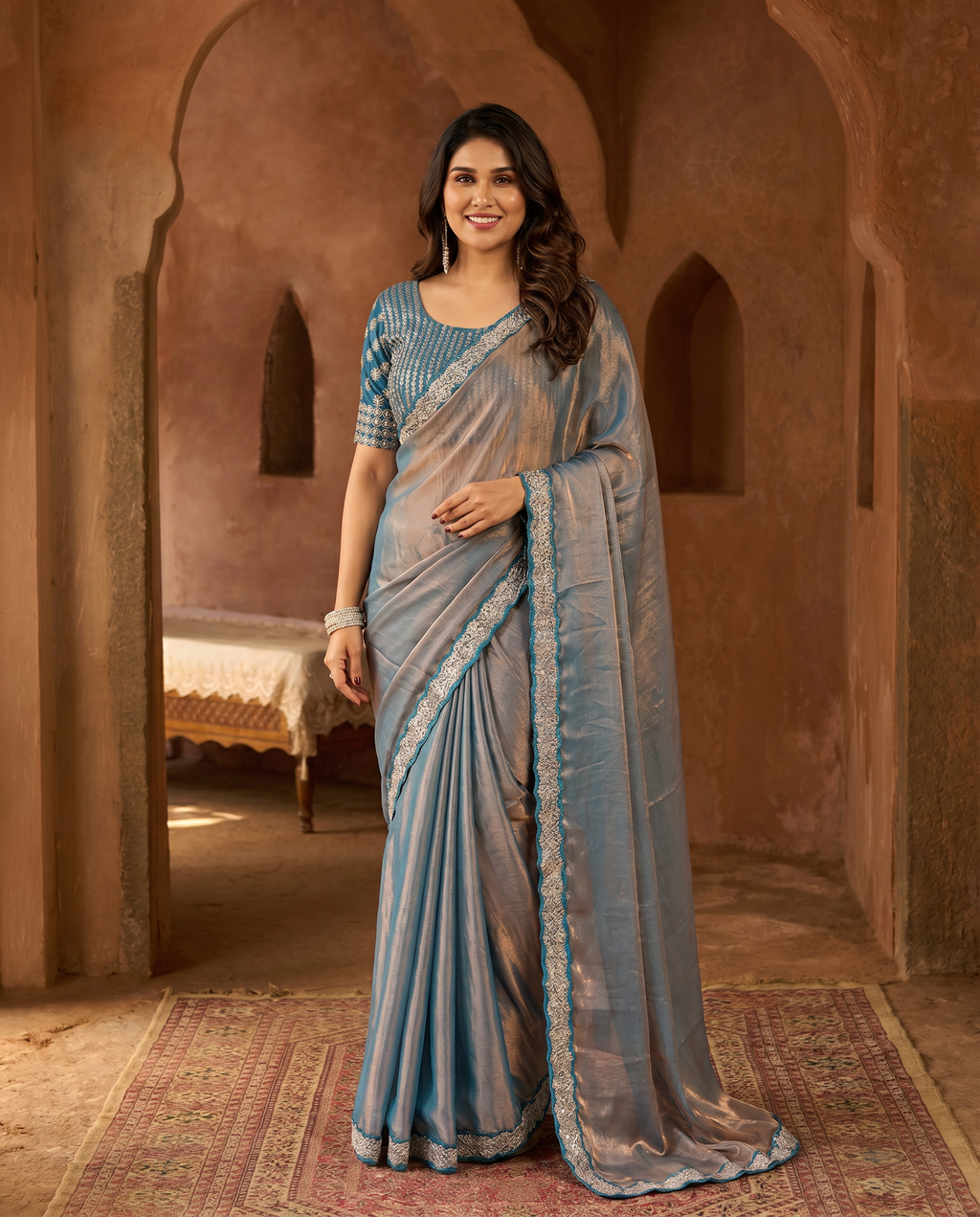 Elegant Steel Grey Saree with Teal Blue Designer Border – Party & Festive Wear - output 0 - 02 hero