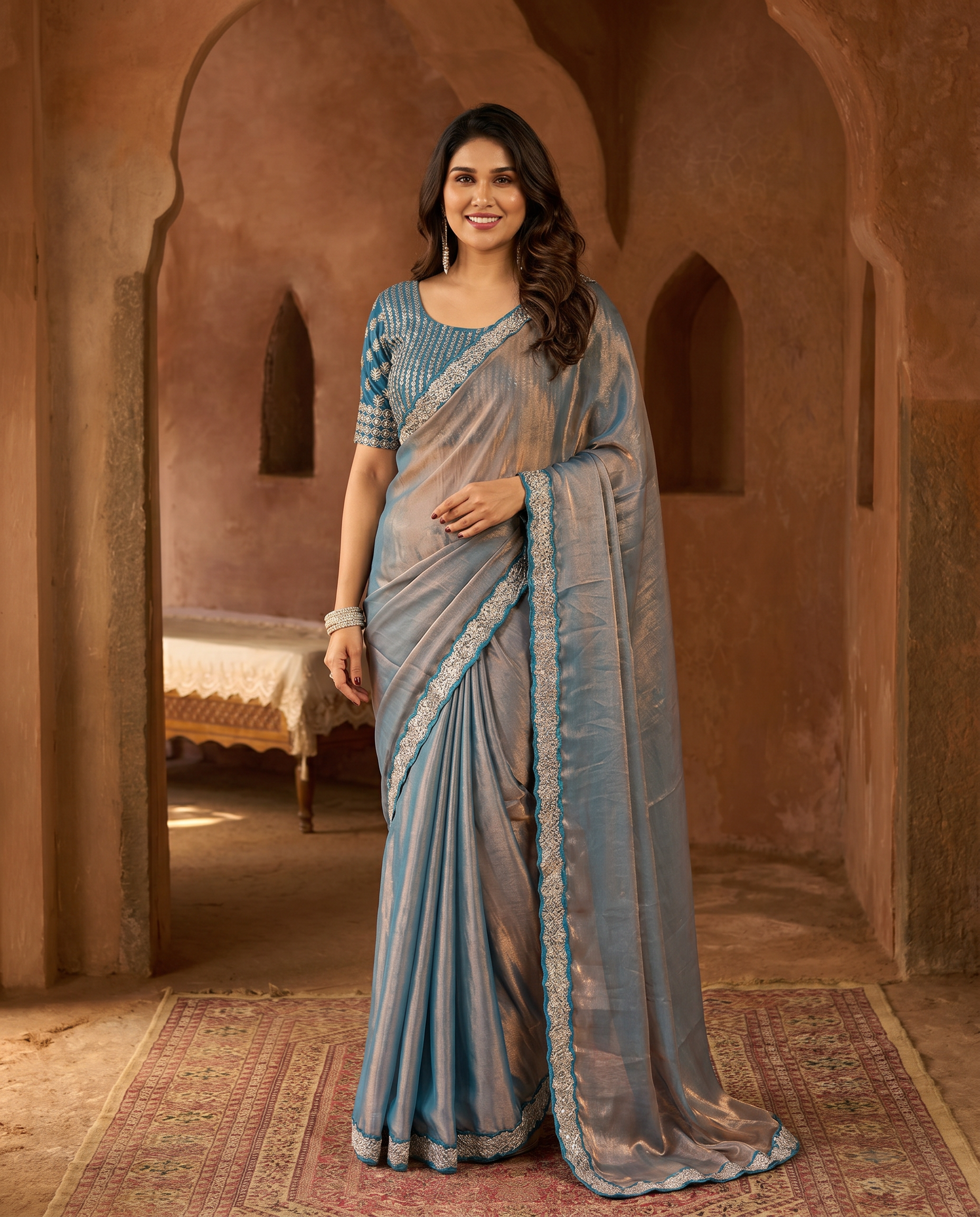 Elegant Steel Grey Saree with Teal Blue Designer Border – Party & Festive Wear - output 0 - 02 hero