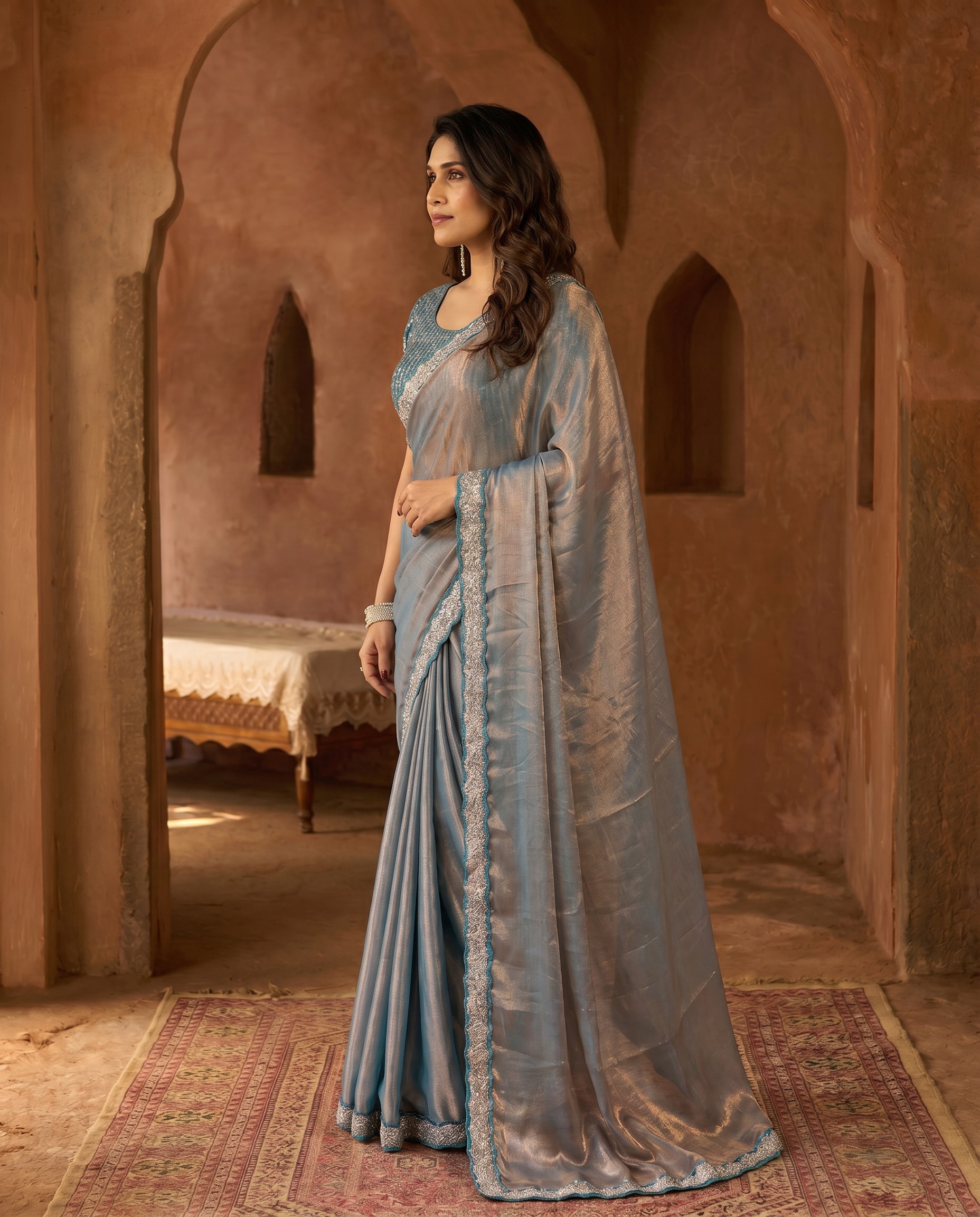 Elegant Steel Grey Saree with Teal Blue Designer Border – Party & Festive Wear - output 0 - 03 side