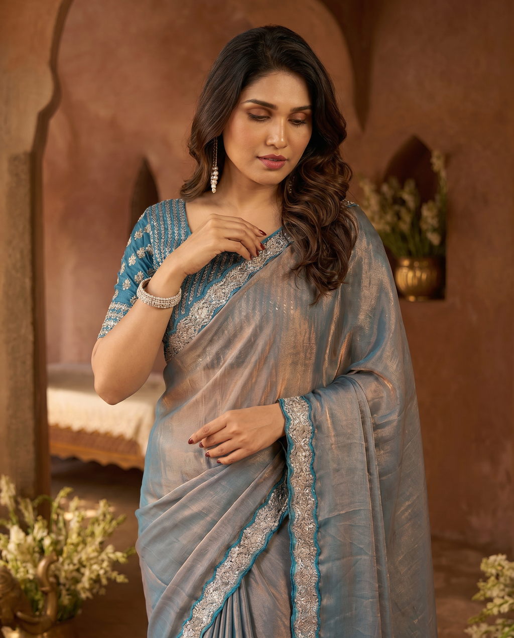 Elegant Steel Grey Saree with Teal Blue Designer Border – Party & Festive Wear - output 0 - 04 upper closeup