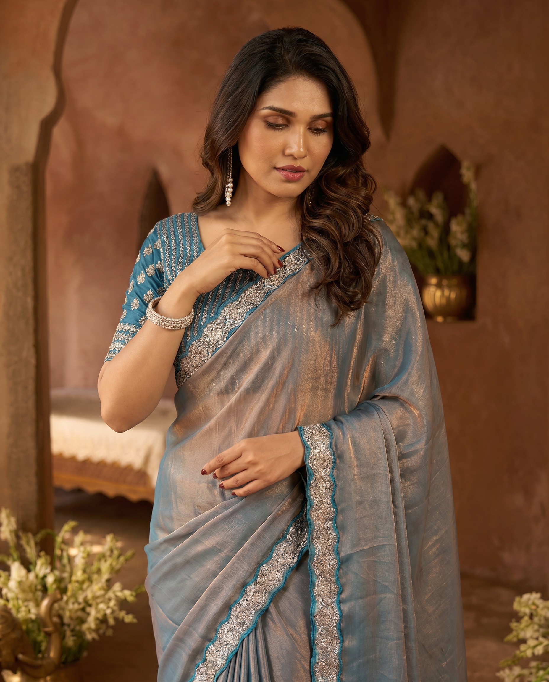 Elegant Steel Grey Saree with Teal Blue Designer Border – Party & Festive Wear - output 0 - 04 upper closeup