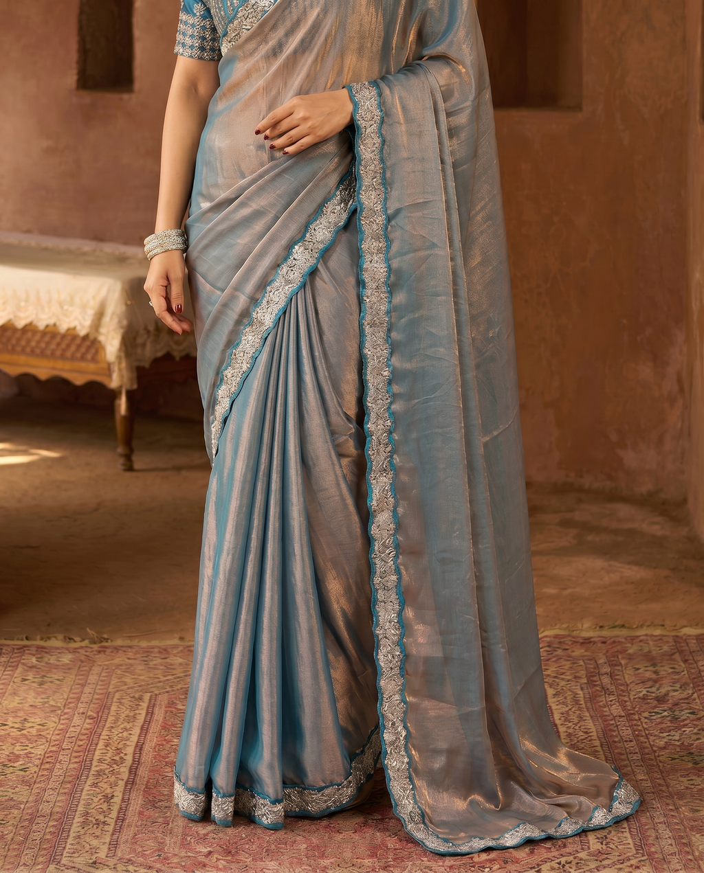 Elegant Steel Grey Saree with Teal Blue Designer Border – Party & Festive Wear - output 0 - 05 lower closeup