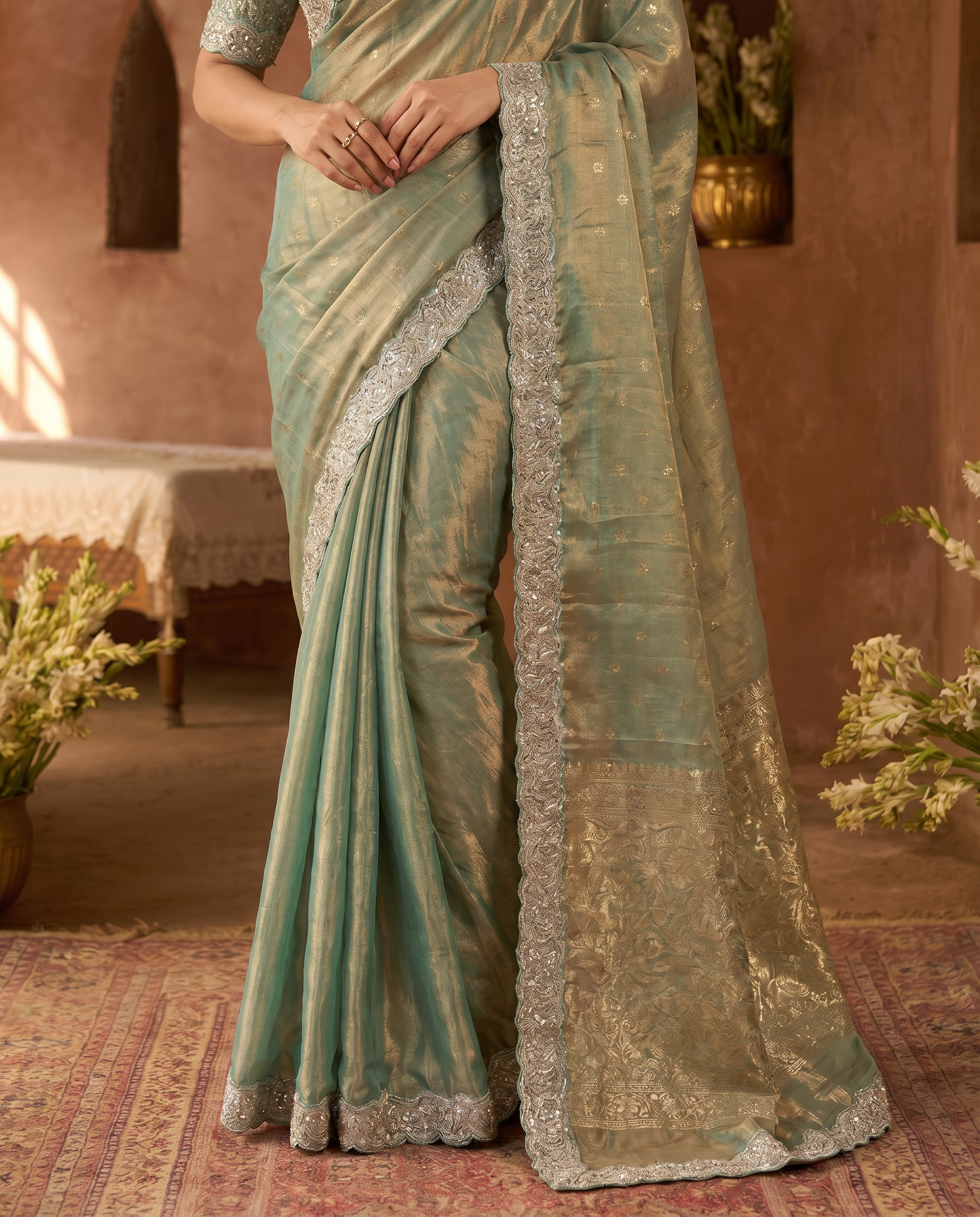 Elegant Steel Grey Saree with Teal Blue Designer Border – Party & Festive Wear - output 4 - 05 lower closeup