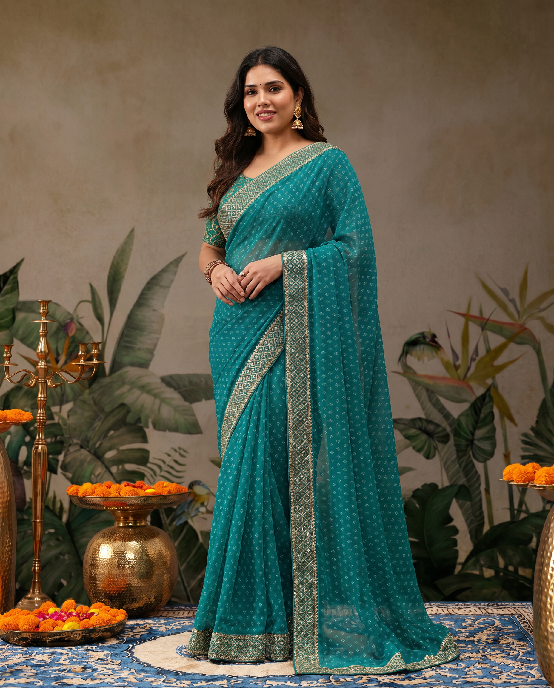 Elegant Teal Green Georgette Saree with Designer Border – Party Wear Traditional Saree for Women - output 0 - 02 hero