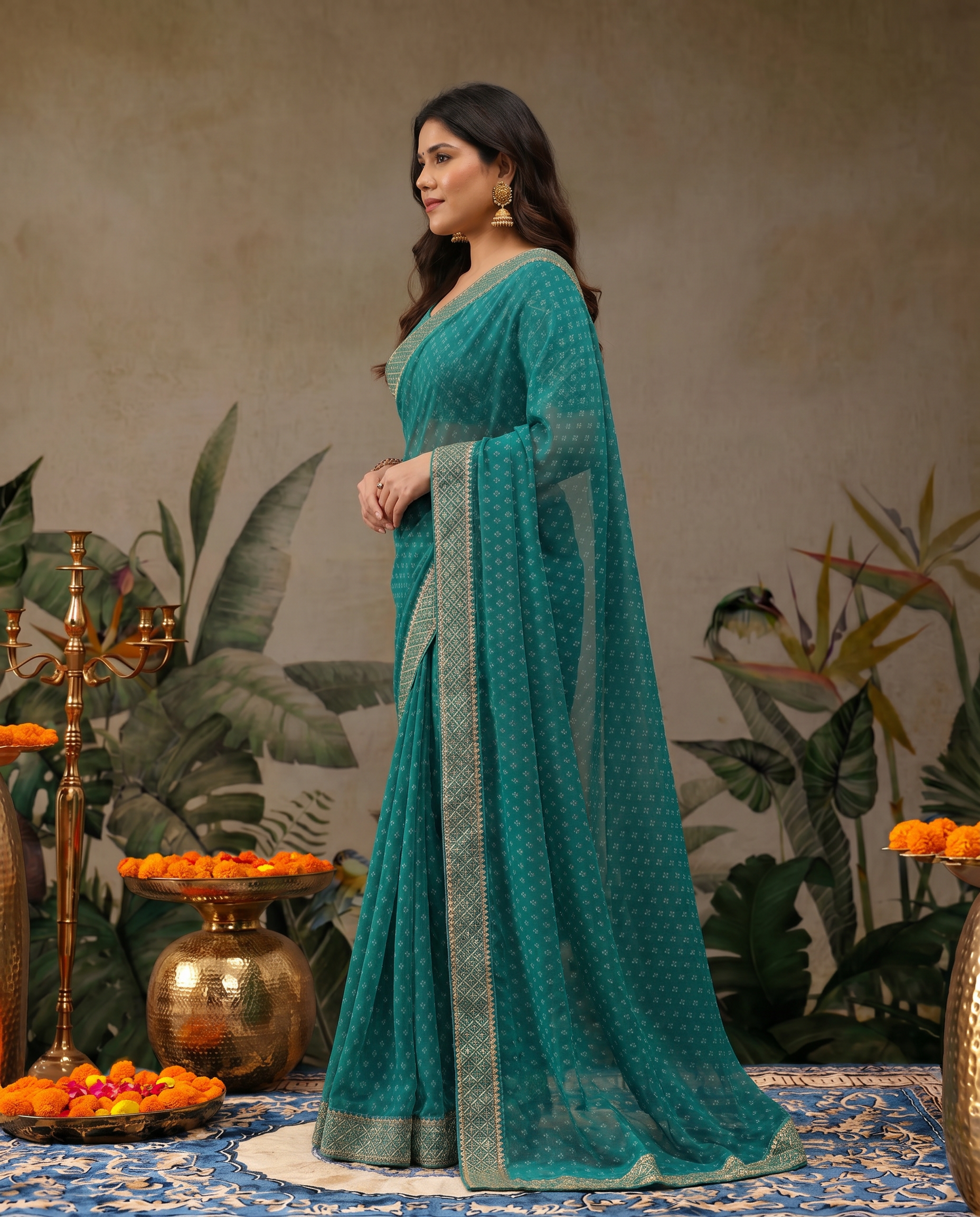 Elegant Teal Green Georgette Saree with Designer Border – Party Wear Traditional Saree for Women - output 0 - 03 side