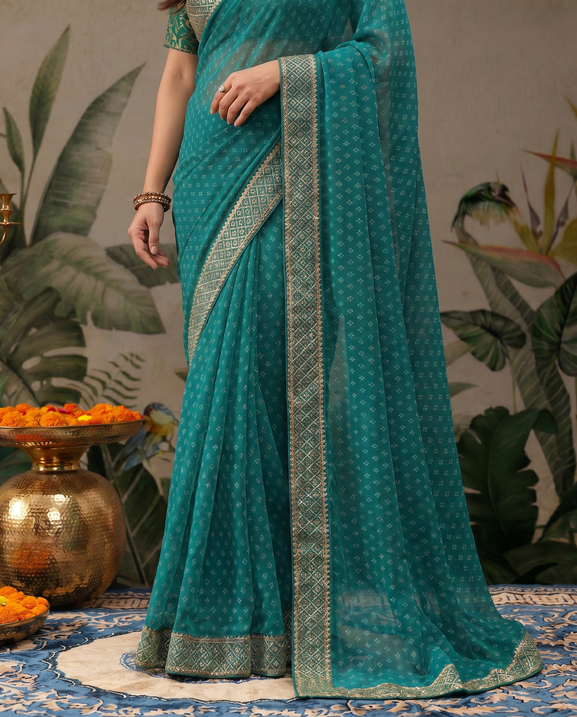 Elegant Teal Green Georgette Saree with Designer Border – Party Wear Traditional Saree for Women - output 0 - 05 lower closeup