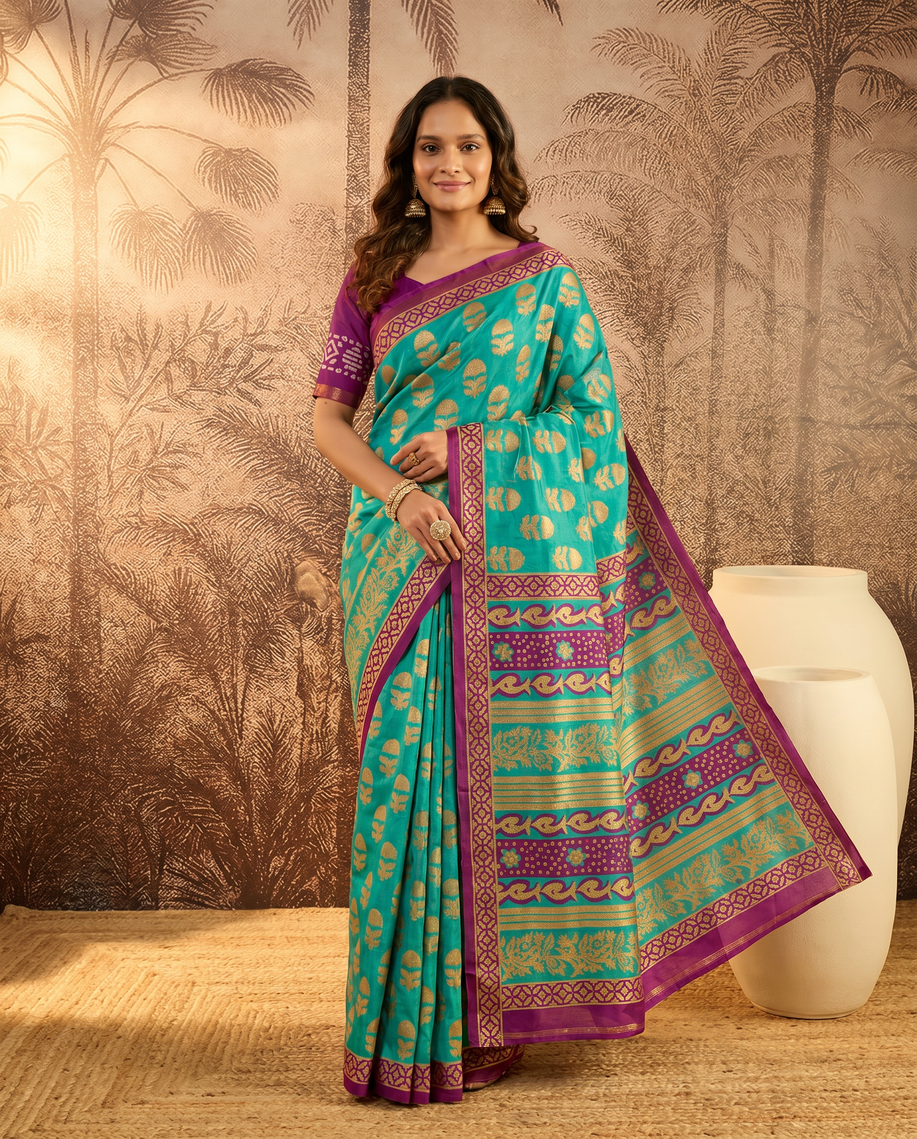 Elegant Teal & Magenta Printed Pure Cotton Saree with Traditional Border - output 0 - 02 hero