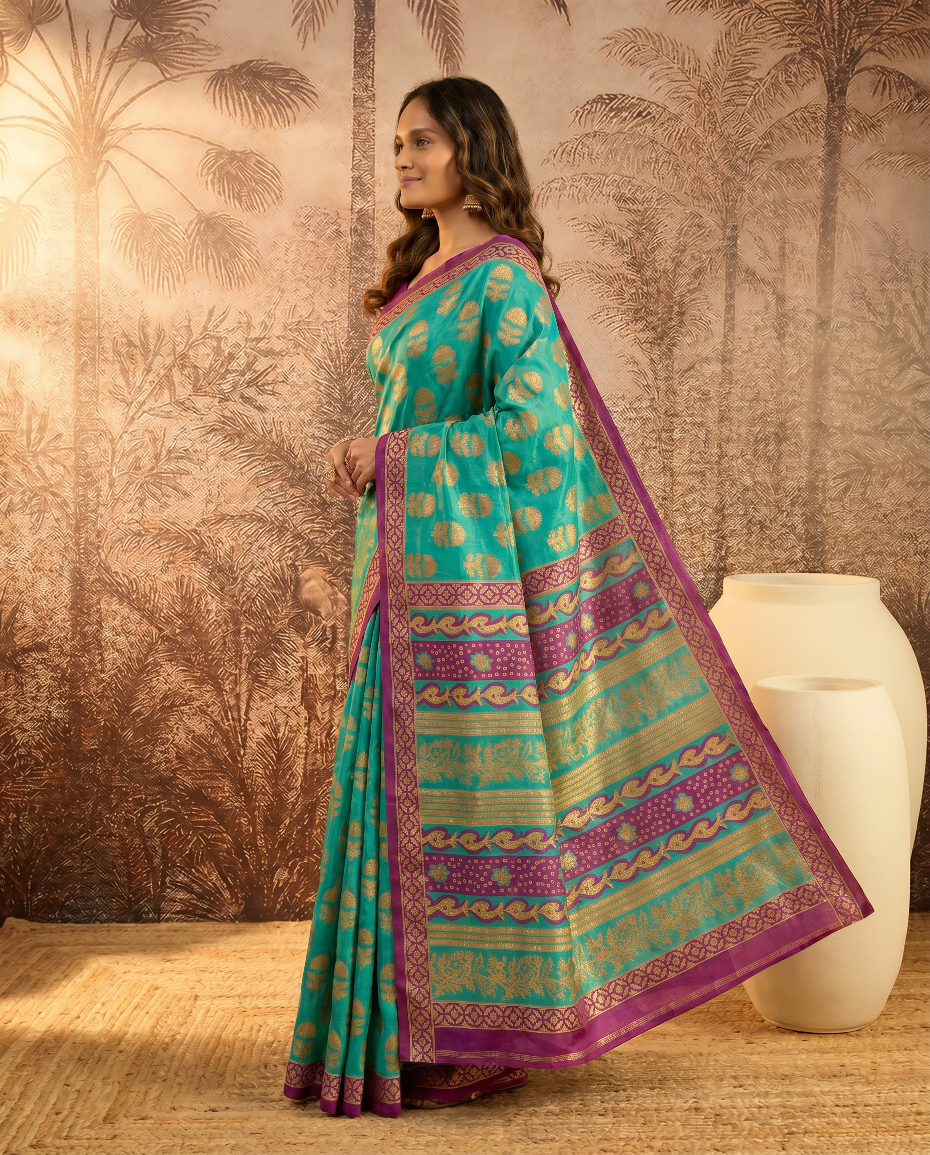 Elegant Teal & Magenta Printed Pure Cotton Saree with Traditional Border - output 0 - 03 side