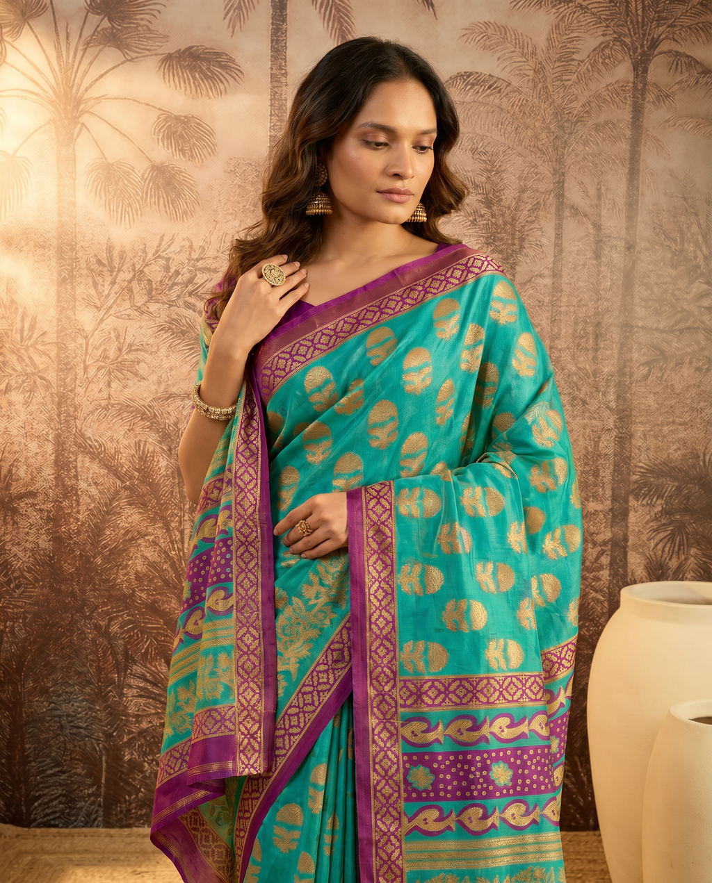 Elegant Teal & Magenta Printed Pure Cotton Saree with Traditional Border - output 0 - 04 upper closeup