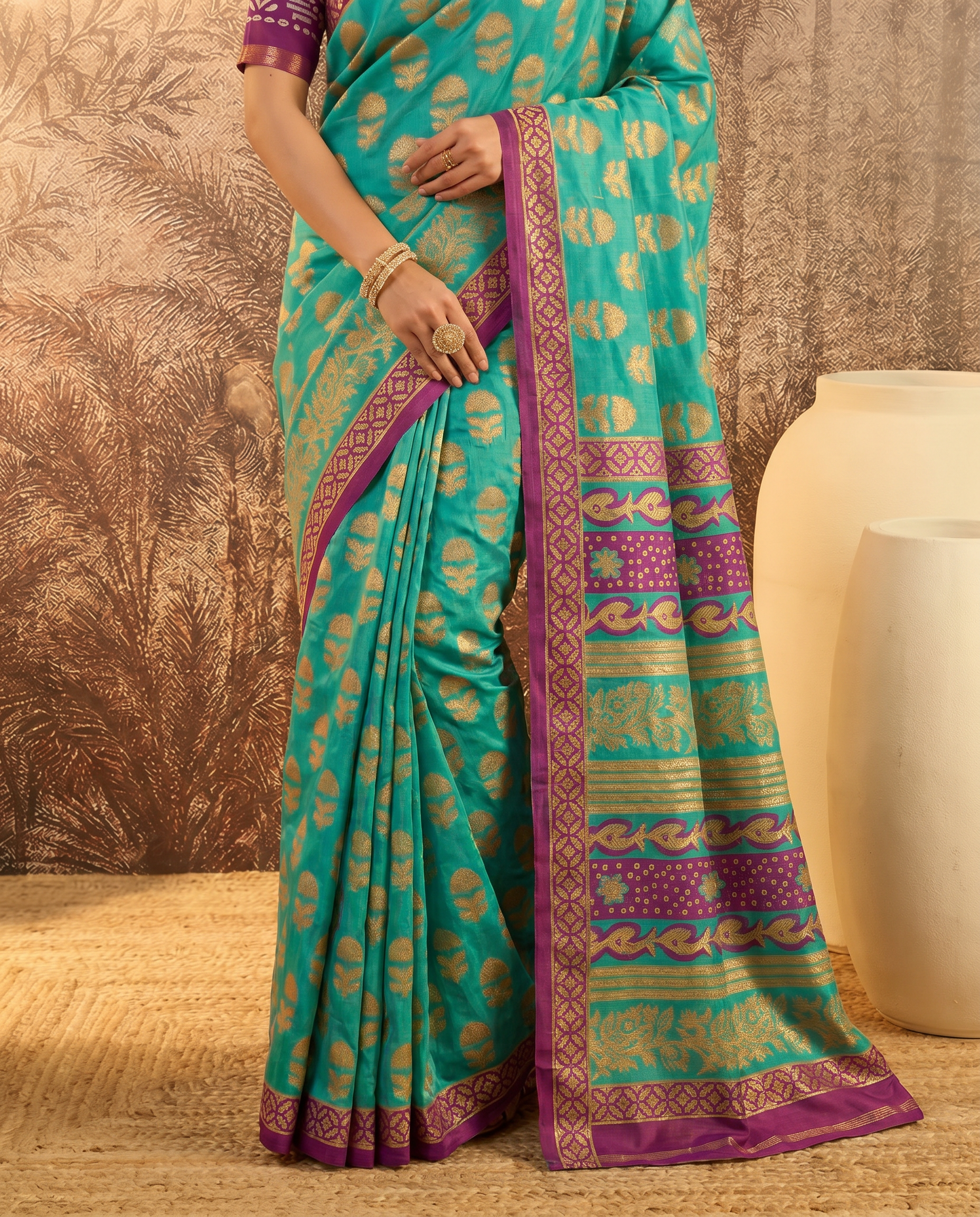 Elegant Teal & Magenta Printed Pure Cotton Saree with Traditional Border - output 0 - 05 lower closeup