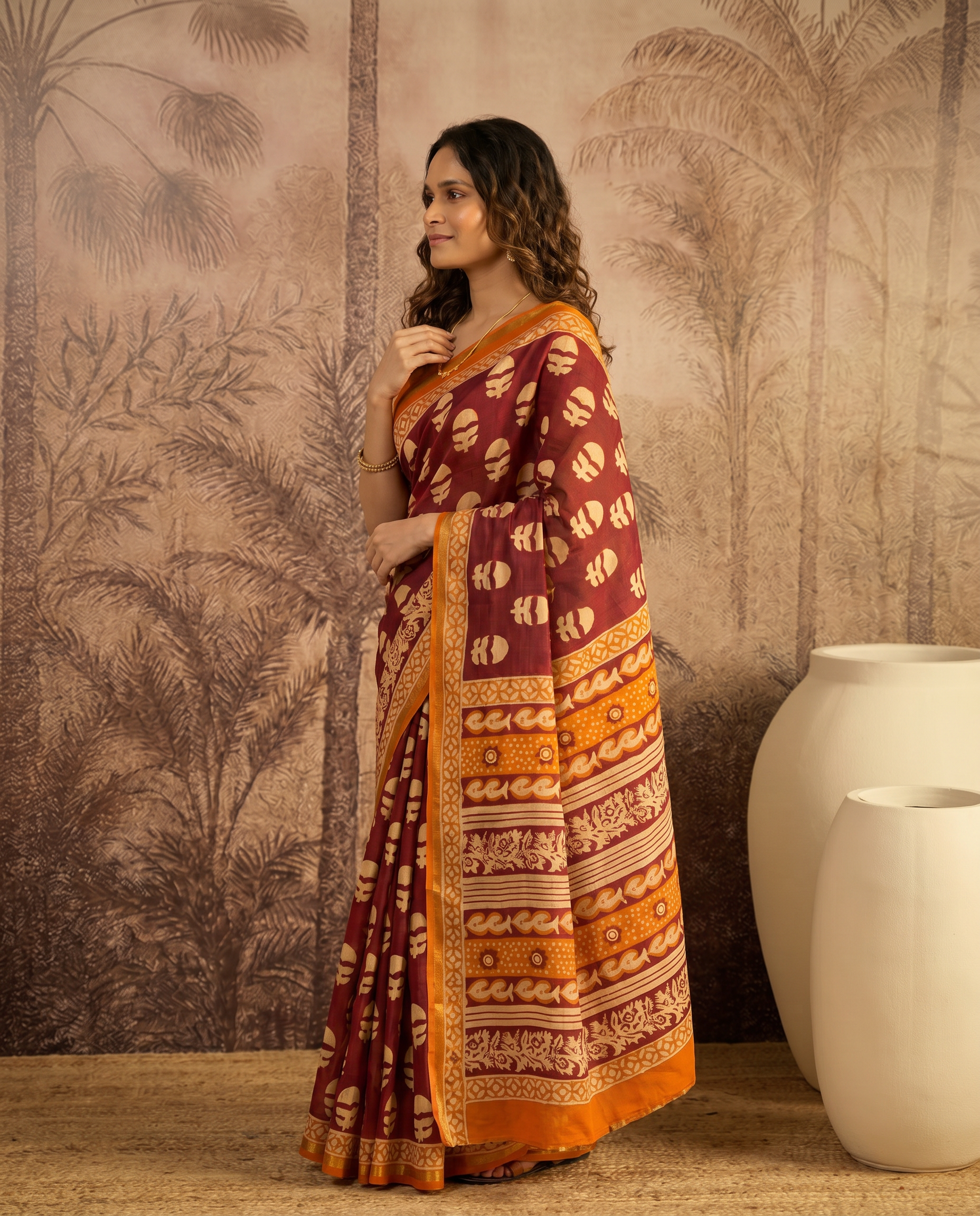 Elegant Teal & Magenta Printed Pure Cotton Saree with Traditional Border - output 1 - 03 side