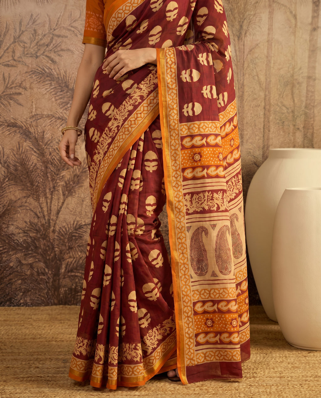 Elegant Teal & Magenta Printed Pure Cotton Saree with Traditional Border - output 1 - 05 lower closeup