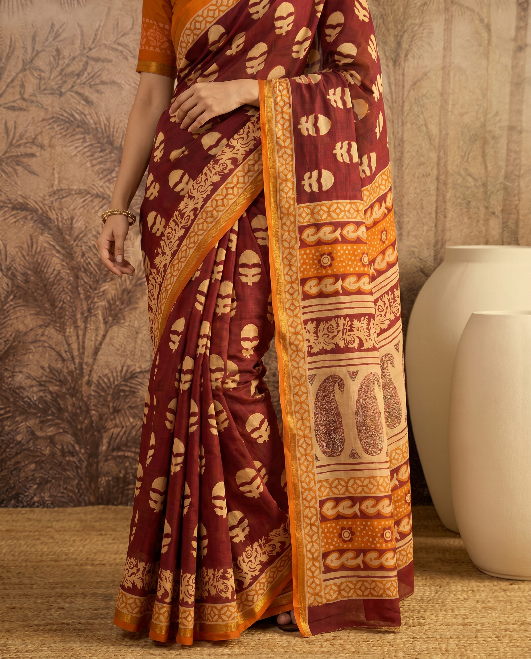 Elegant Teal & Magenta Printed Pure Cotton Saree with Traditional Border - output 1 - 05 lower closeup