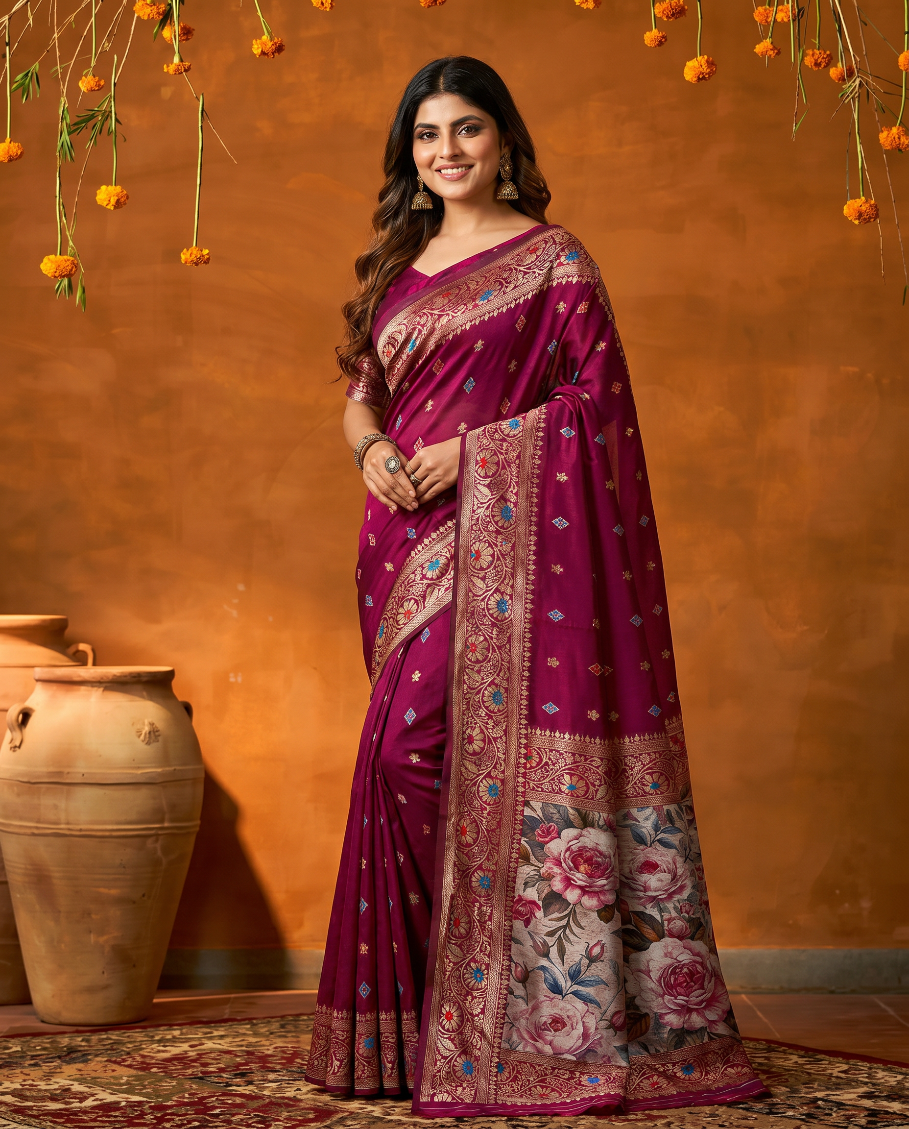 Elegant Wine Maroon Floral Printed Zari Border Saree with Designer Pallu – Festive & Wedding Wear - output 0 - 02 hero