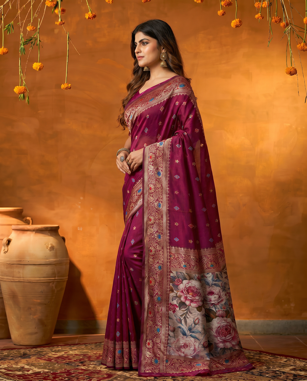 Elegant Wine Maroon Floral Printed Zari Border Saree with Designer Pallu – Festive & Wedding Wear - output 0 - 03 side