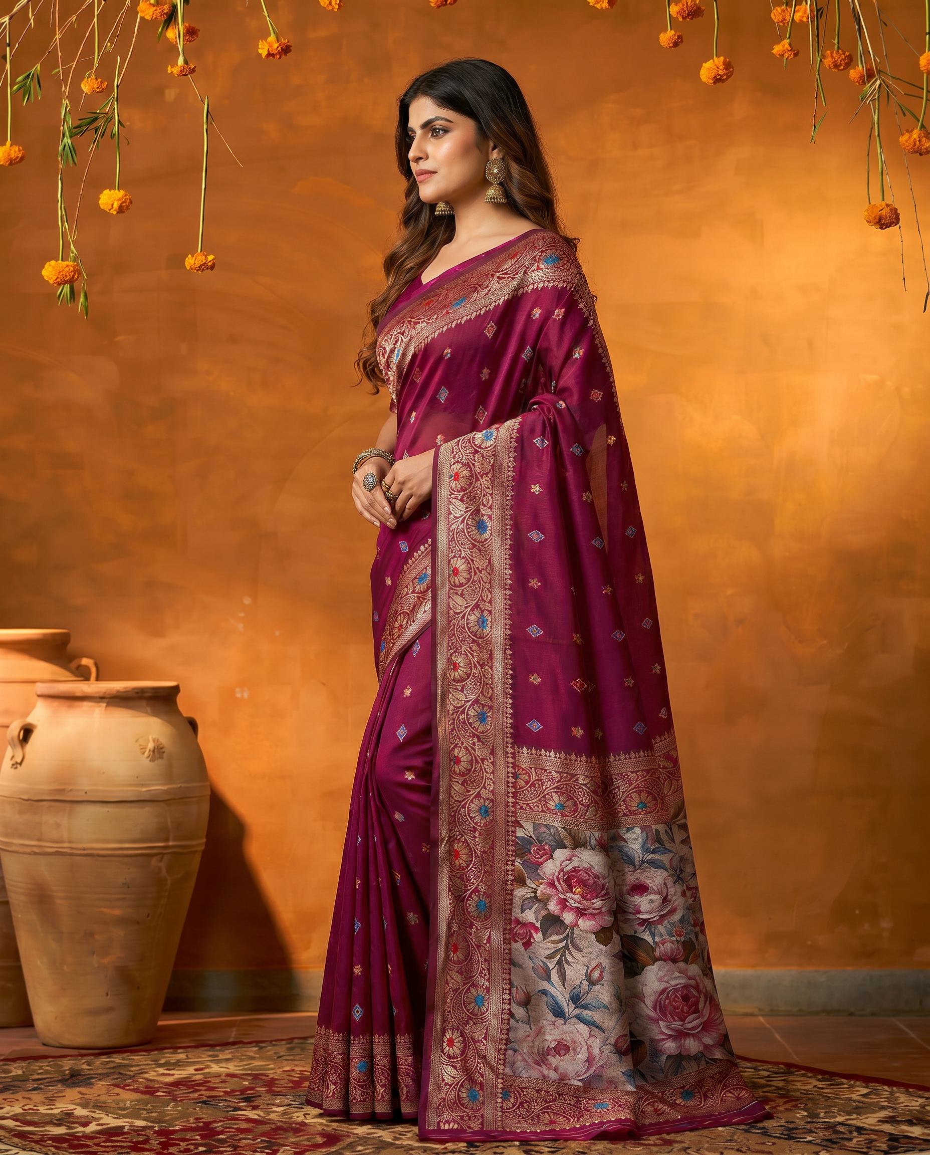 Elegant Wine Maroon Floral Printed Zari Border Saree with Designer Pallu – Festive & Wedding Wear - output 0 - 03 side