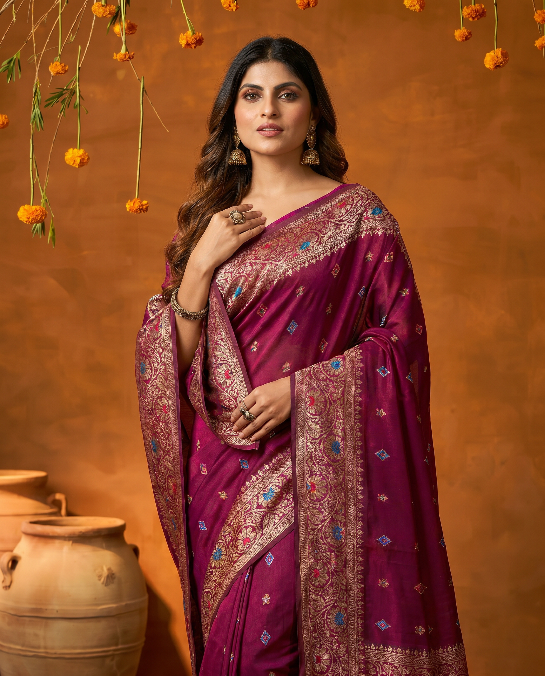 Elegant Wine Maroon Floral Printed Zari Border Saree with Designer Pallu – Festive & Wedding Wear - output 0 - 04 upper closeup