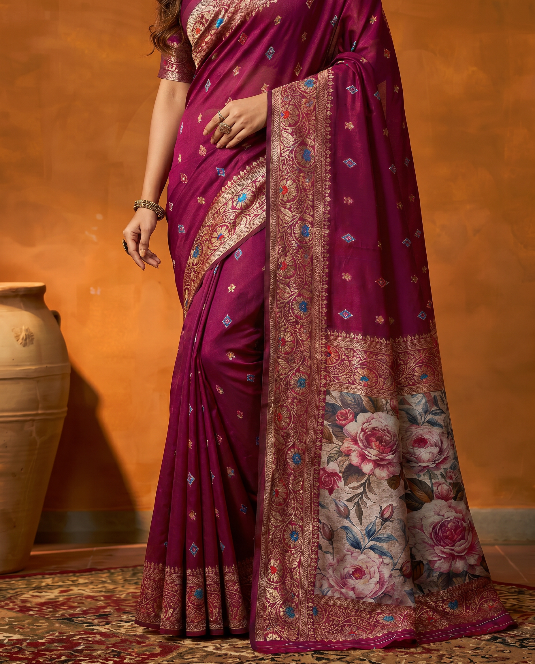 Elegant Wine Maroon Floral Printed Zari Border Saree with Designer Pallu – Festive & Wedding Wear - output 0 - 05 lower closeup