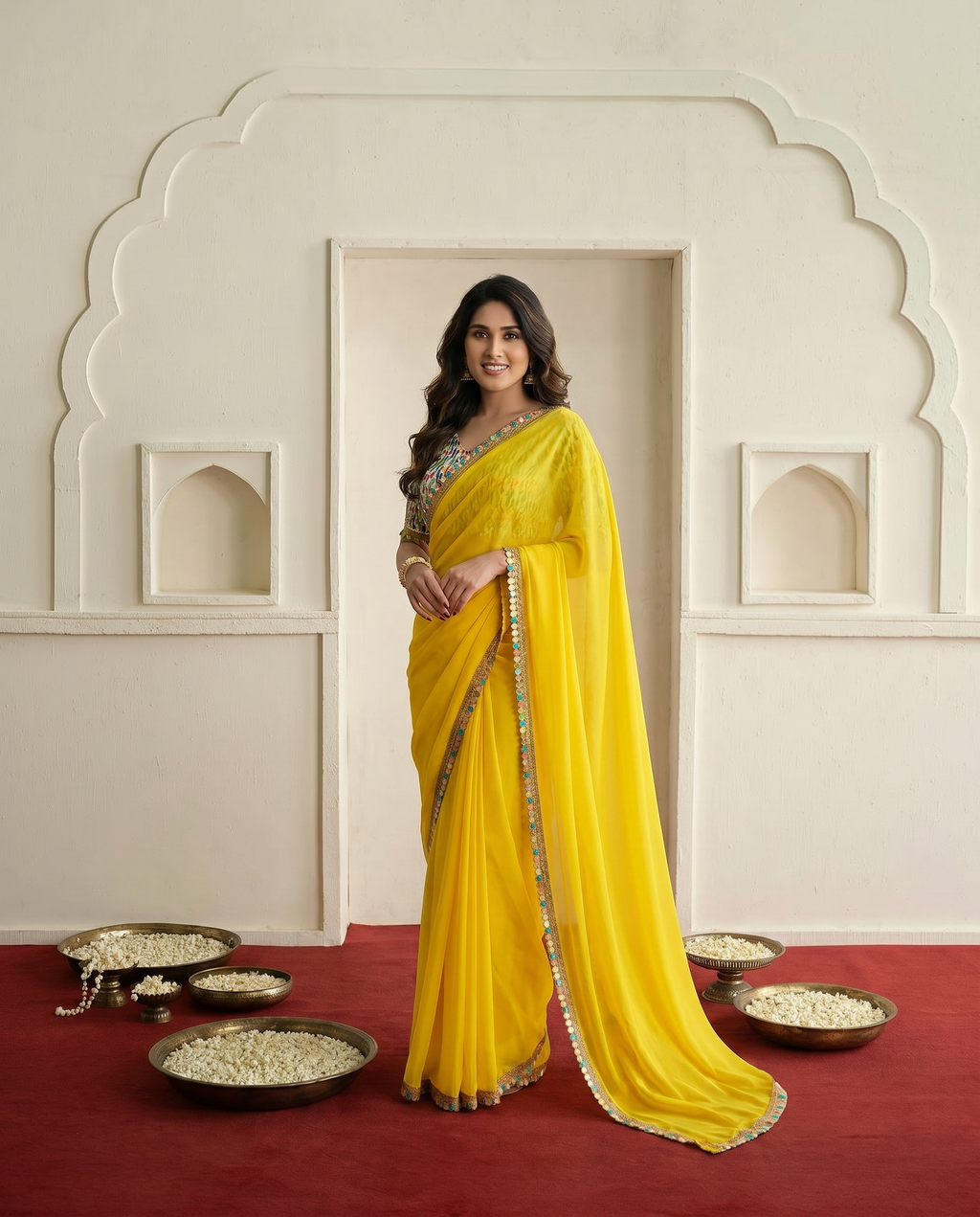 Elegant Yellow Georgette Saree with Designer Border & Printed Blouse – Festive & Party Wear - output 0 - 02 hero
