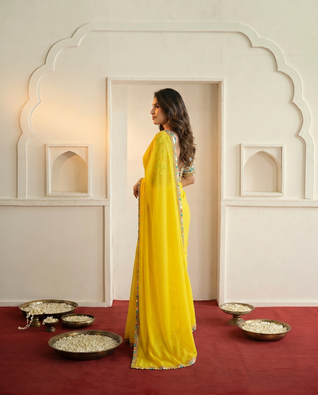 Elegant Yellow Georgette Saree with Designer Border & Printed Blouse – Festive & Party Wear - output 0 - 03 side