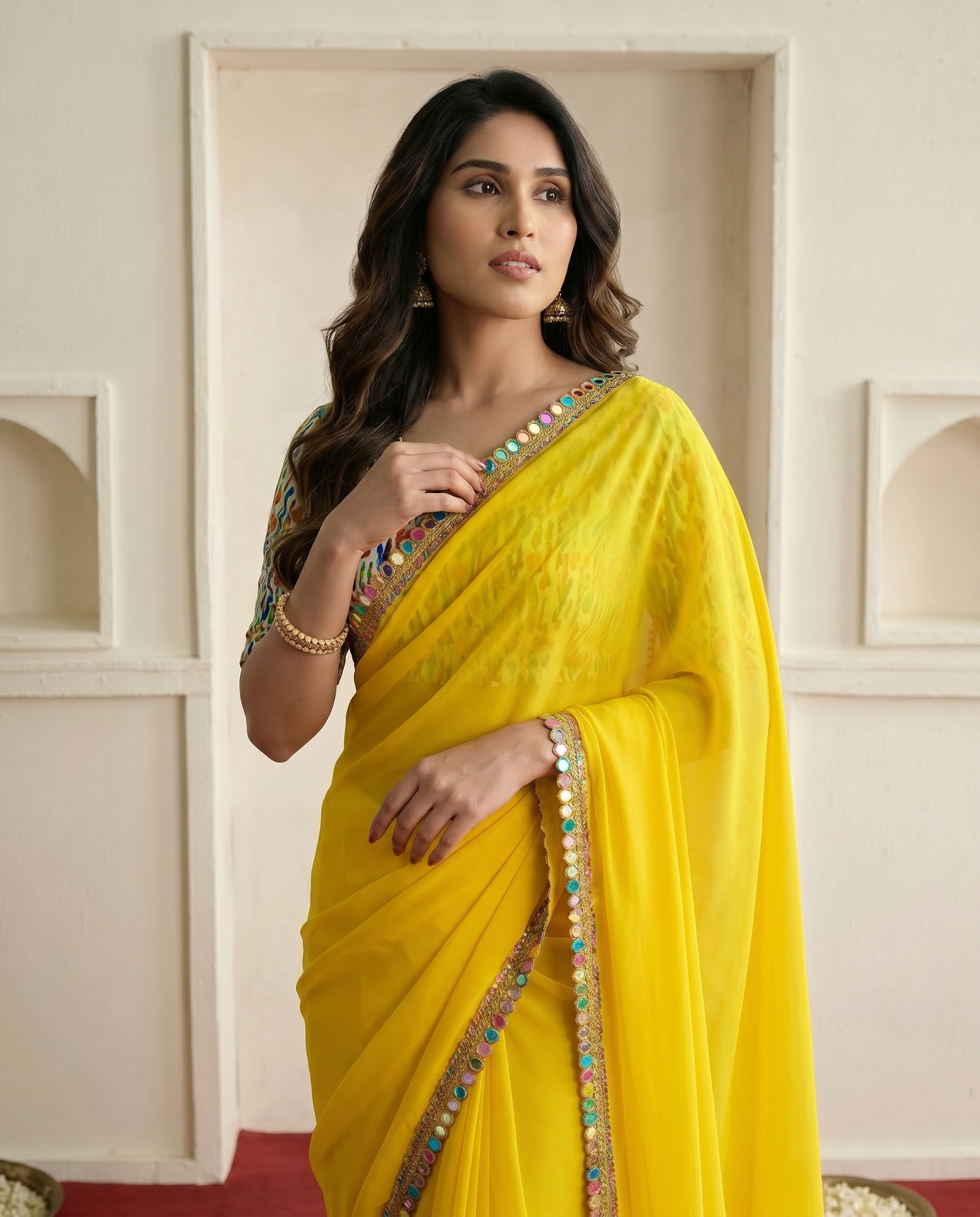 Elegant Yellow Georgette Saree with Designer Border & Printed Blouse – Festive & Party Wear - output 0 - 04 upper closeup