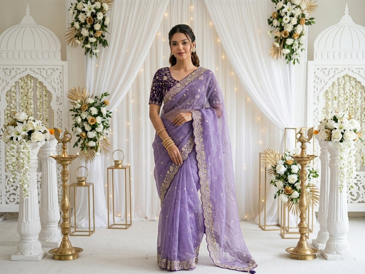 Embroidered Satin Wedding Saree with Free Size Stitched Blouse - Lavender - image 01