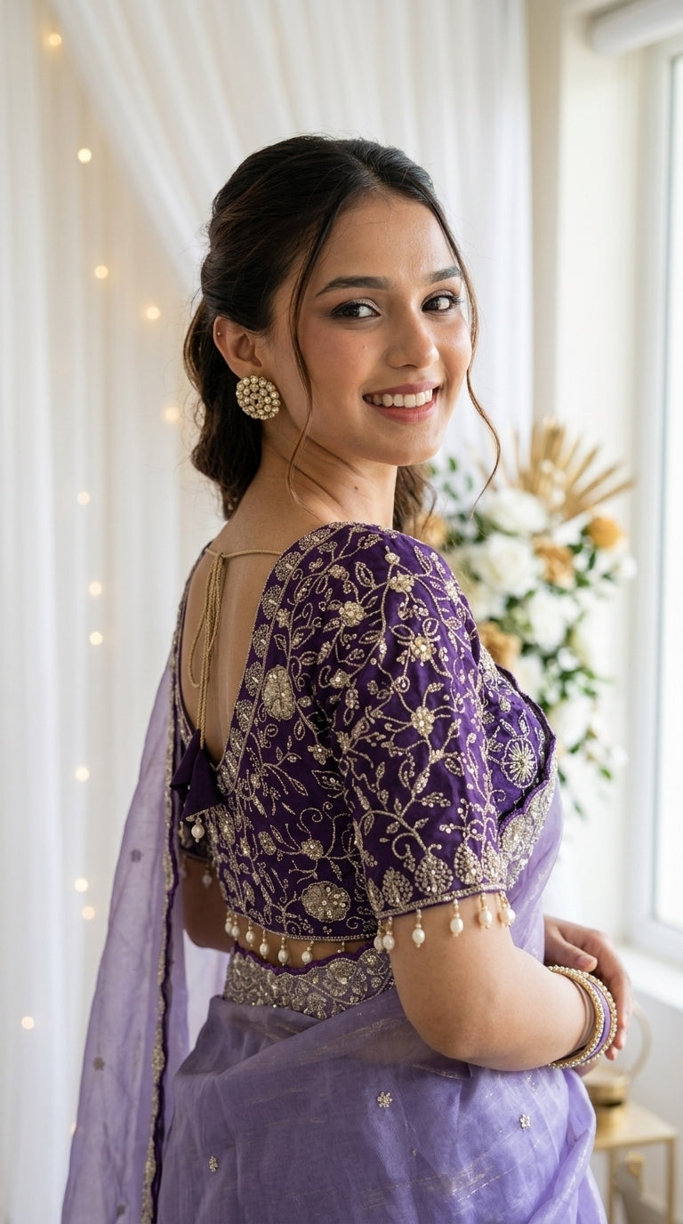Embroidered Satin Wedding Saree with Free Size Stitched Blouse - Lavender - image 02