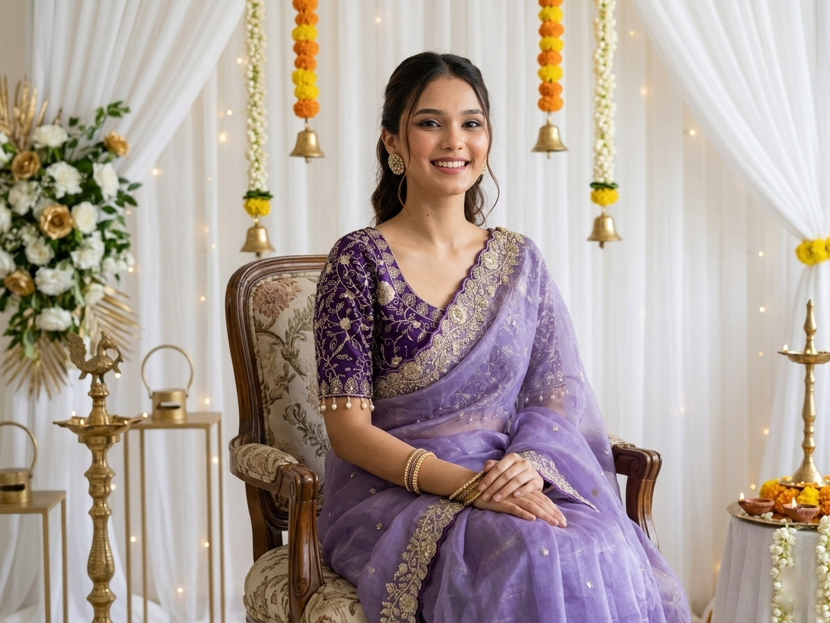 Embroidered Satin Wedding Saree with Free Size Stitched Blouse - Lavender - image 03