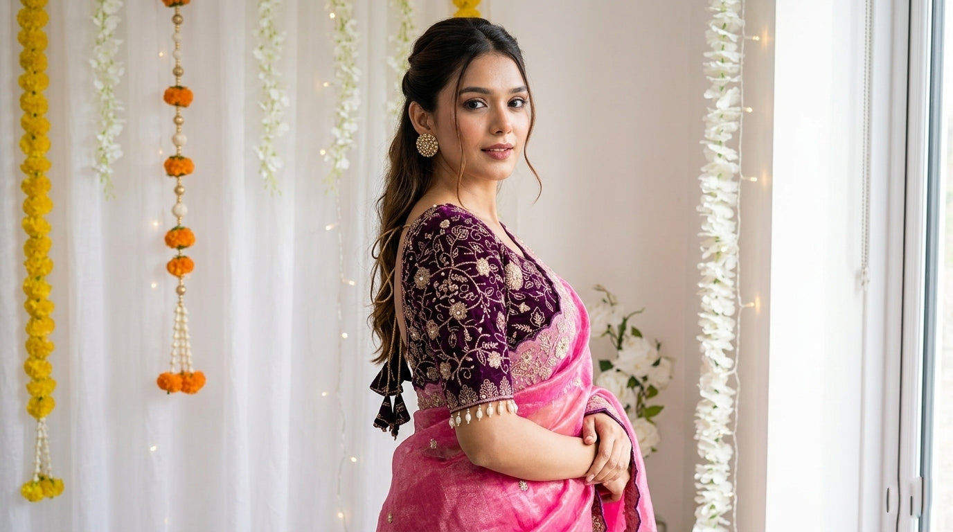 Embroidered Satin Wedding Saree with Free Size Stitched Blouse - Pink - image 02