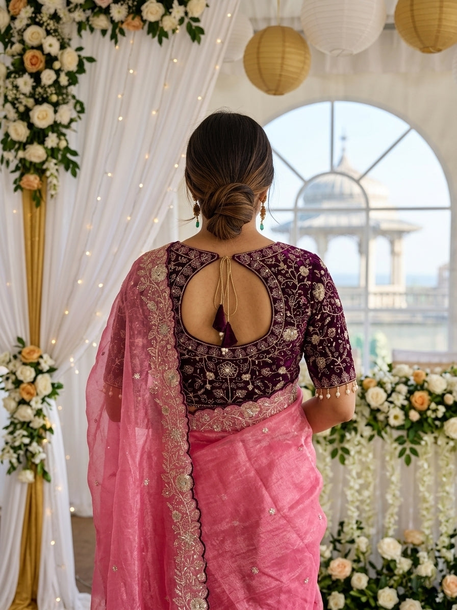 Embroidered Satin Wedding Saree with Free Size Stitched Blouse - Pink - image 03