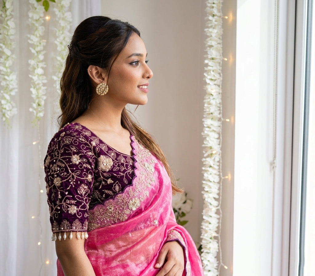 Embroidered Satin Wedding Saree with Free Size Stitched Blouse - Pink - image 04