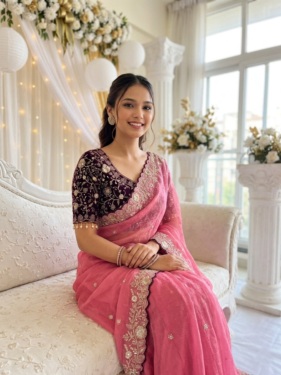 Embroidered Satin Wedding Saree with Free Size Stitched Blouse - Pink - image 05