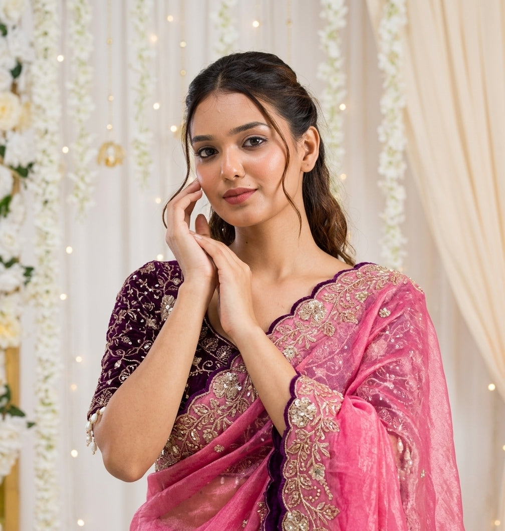 Embroidered Satin Wedding Saree with Free Size Stitched Blouse - Pink - image 06