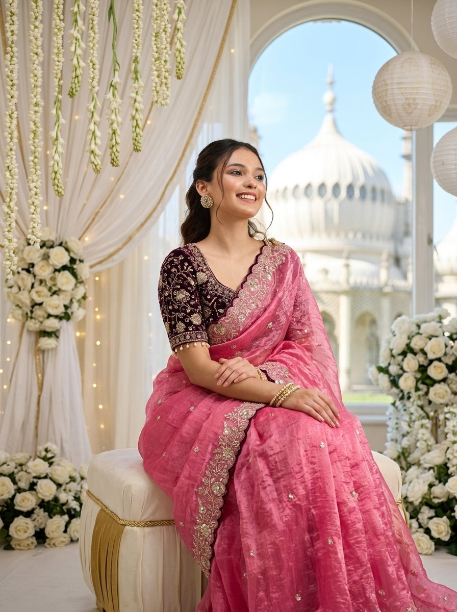 Embroidered Satin Wedding Saree with Free Size Stitched Blouse - Pink - image 07