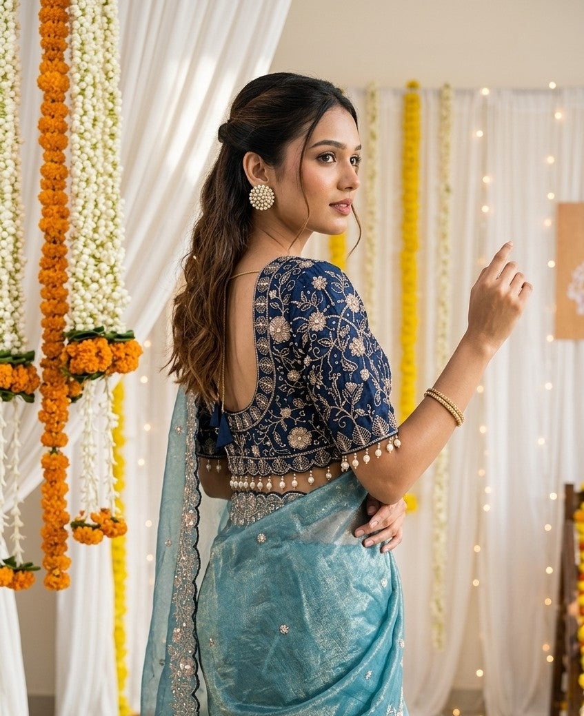 Embroidered Satin Wedding Saree with Free Size Stitched Blouse - Teal Blue - image 02