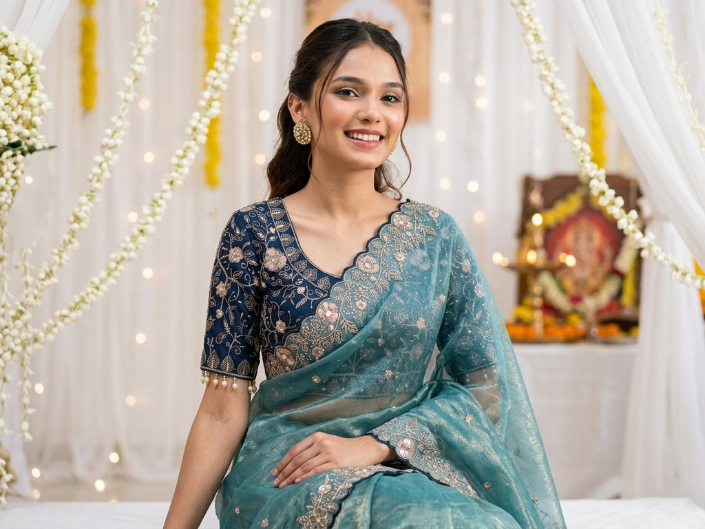 Embroidered Satin Wedding Saree with Free Size Stitched Blouse - Teal Blue - image 03