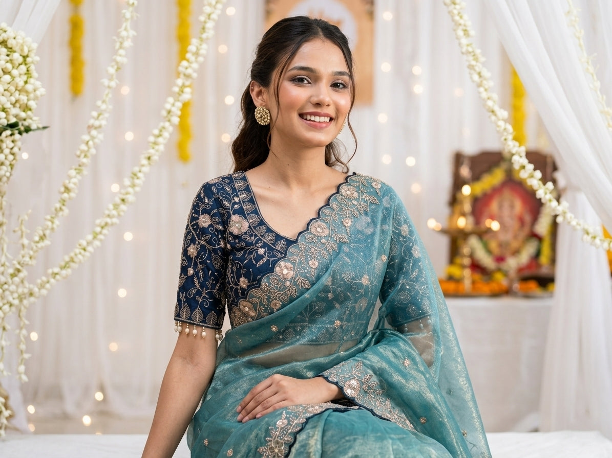 Embroidered Satin Wedding Saree with Free Size Stitched Blouse - Teal Blue - image 03