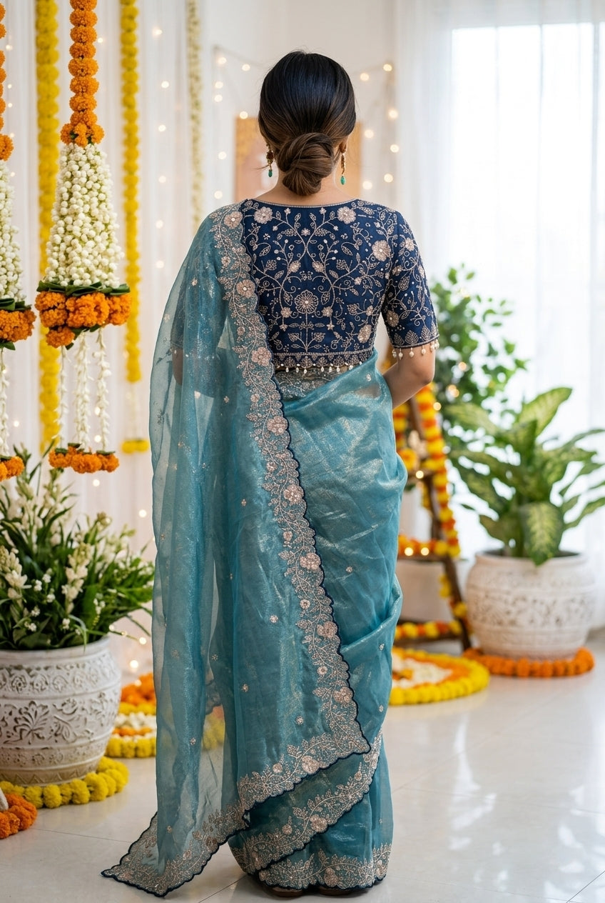 Embroidered Satin Wedding Saree with Free Size Stitched Blouse - Teal Blue - image 04