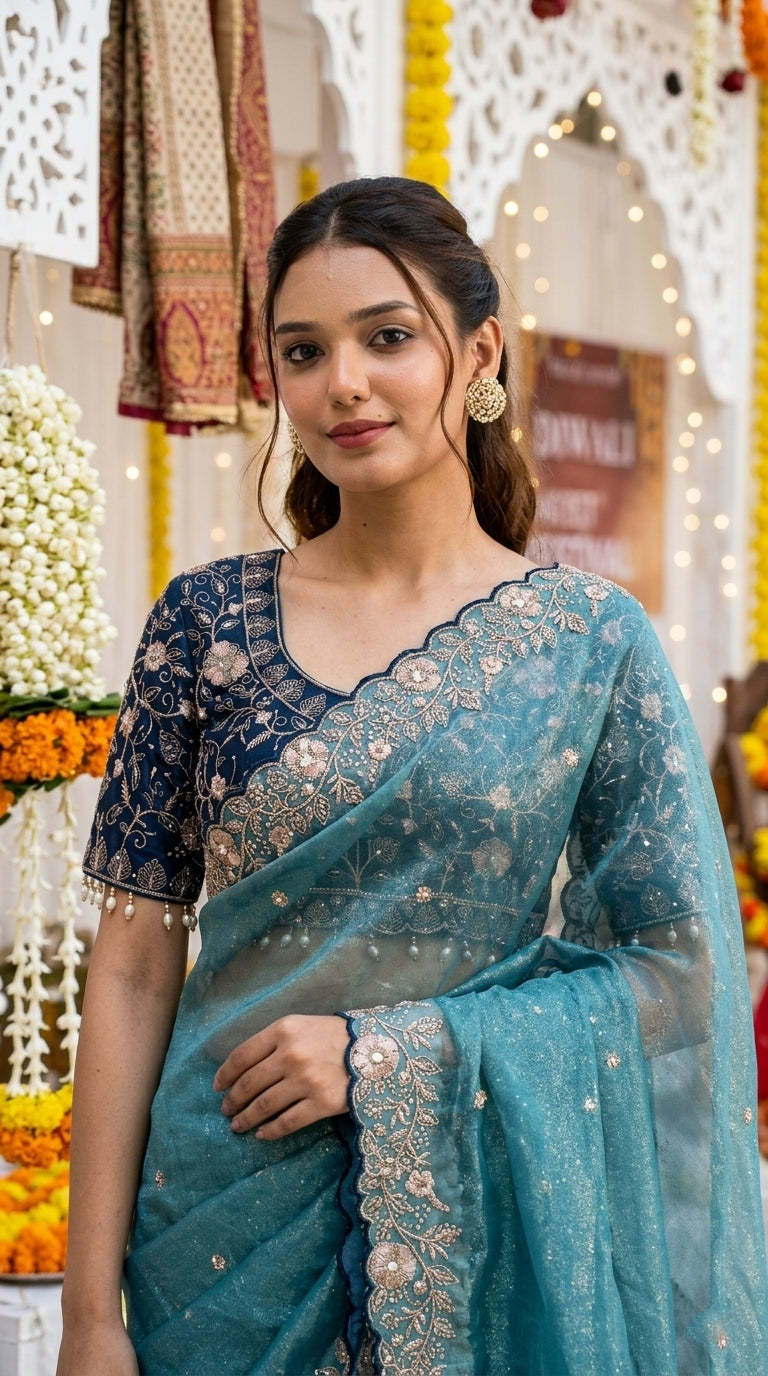 Embroidered Satin Wedding Saree with Free Size Stitched Blouse - Teal Blue - image 05