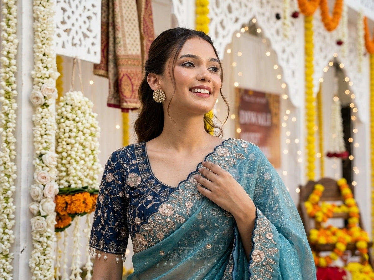 Embroidered Satin Wedding Saree with Free Size Stitched Blouse - Teal Blue - image 06