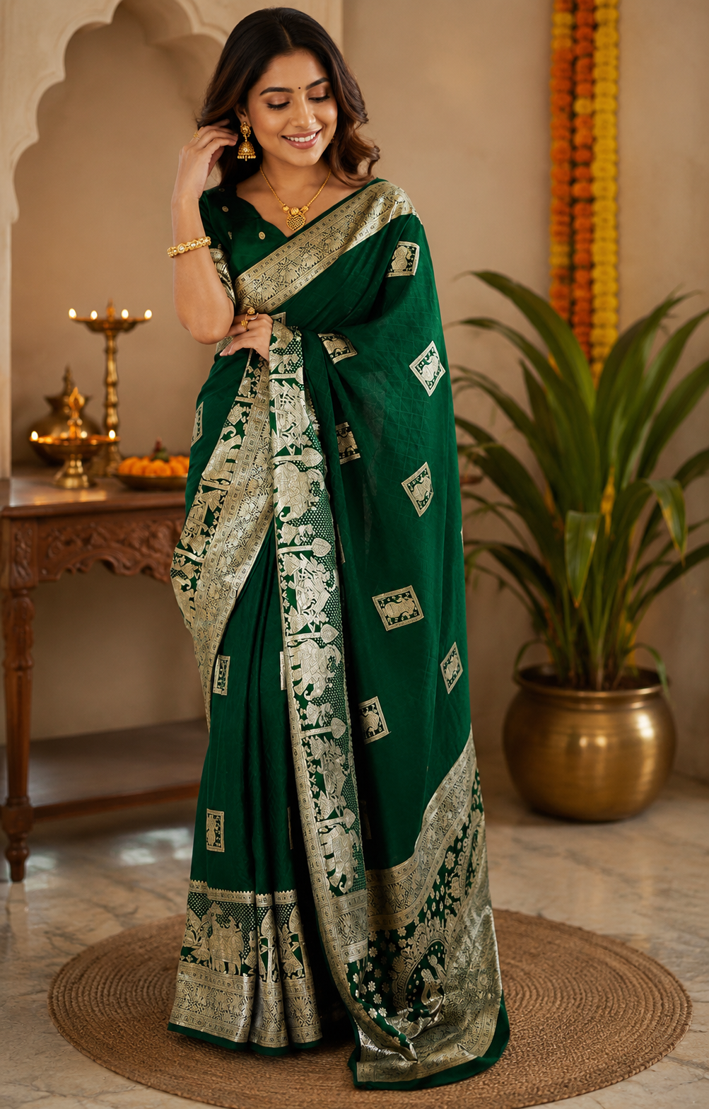 Emerald Green Pure Silk Jari Weave Party Wear Saree - full saree hero