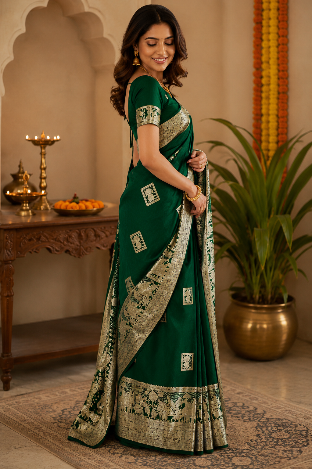 Emerald Green Pure Silk Jari Weave Party Wear Saree - image 2