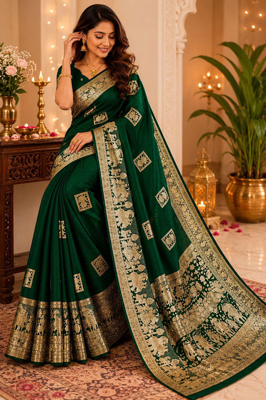 Emerald Green Pure Silk Jari Weave Party Wear Saree - blouse detail