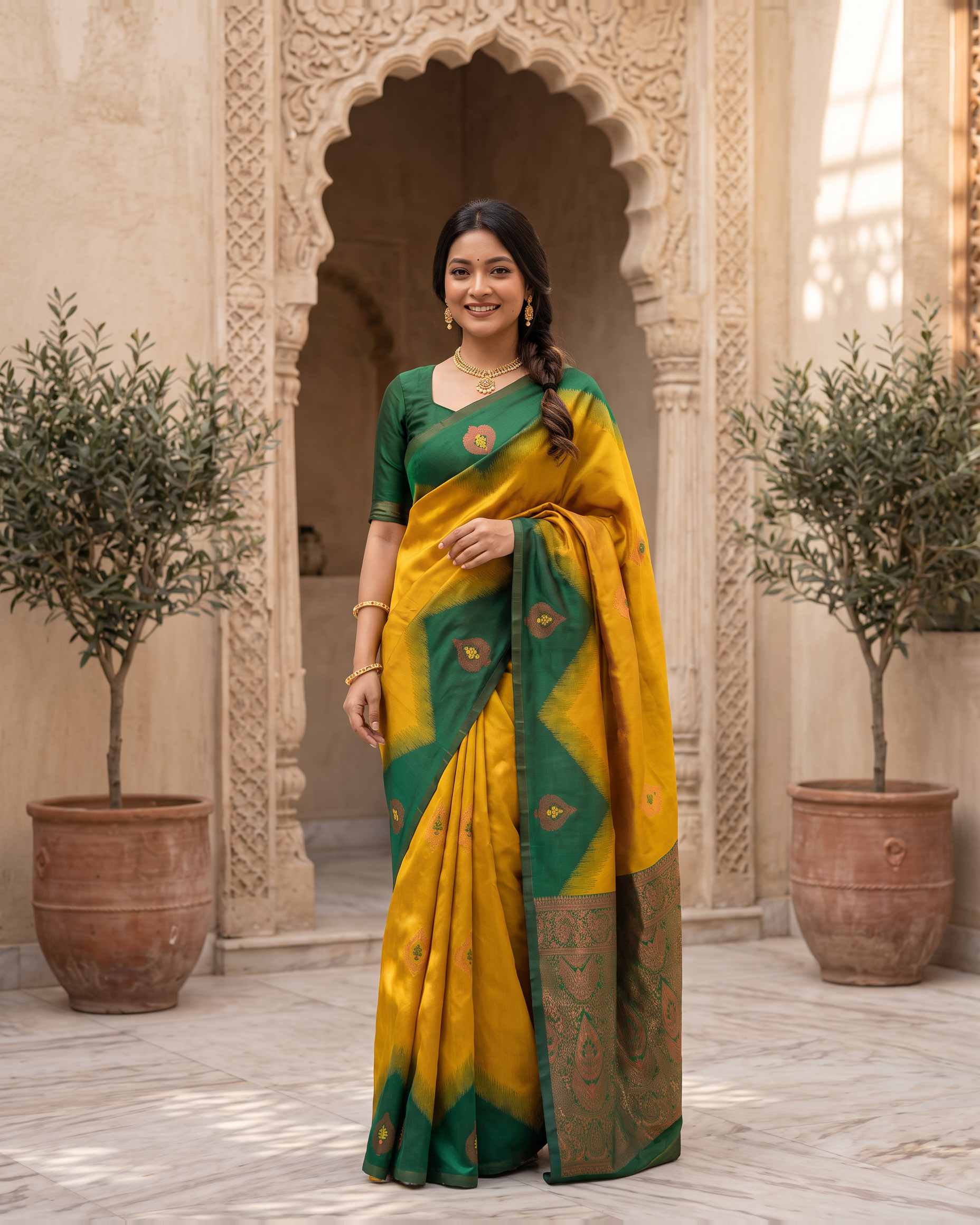 Emerald Mustard Silk Saree with Golden Butta Work - full saree hero